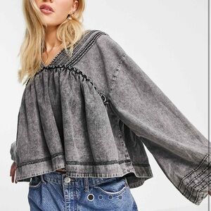 We The Free Free People charlotte smock top washed denim black peplum blouse top